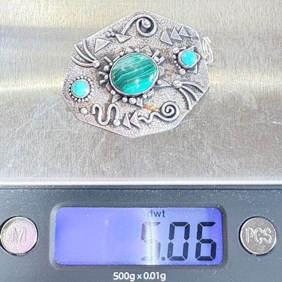 Sterling Silver 925 Malachite & Turquoise Native American Pendant 1.75" Length - Picture 9 of 9